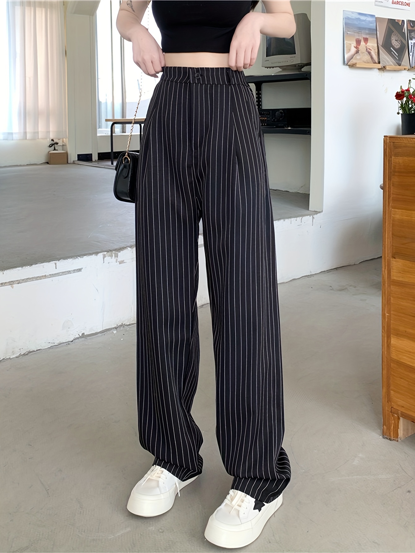 Black White Striped Pants Elastic Waist Vertical Stripes Casual Wide Leg  Pants Oversized Streetwear Print Straight Trousers