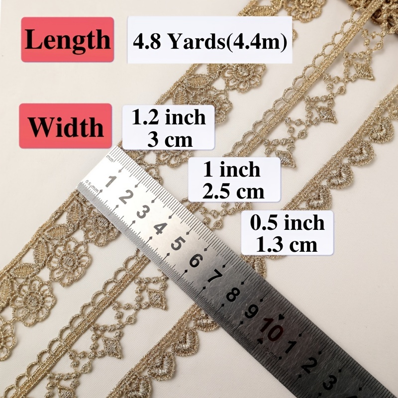  Gold Lace, Gold Heart Lace Trim, Gold Embroidery Lace Ribbon  Trim for Sewing, Metallic Crafts Fabric Trim (0.5 Inch × 4.8 Yards)