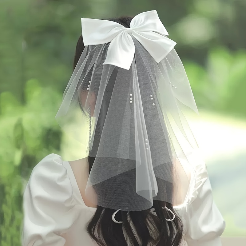 Wedding Bow Veil White Satin Mesh Barrettes Bridal Party - Temu
