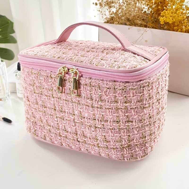 Portable Simple Plaid Cosmetic Bag, Lightweight Storage Makeup Bag