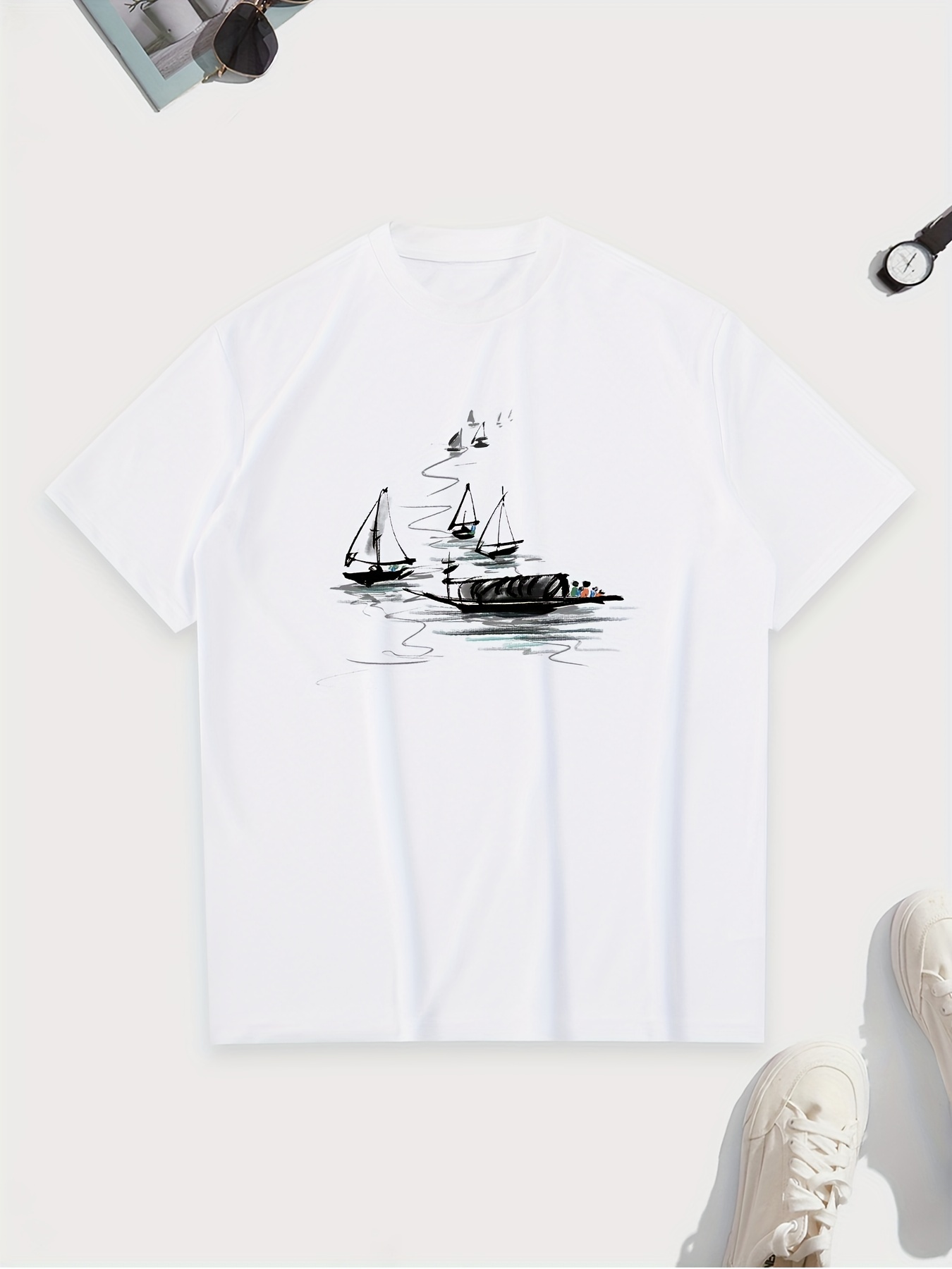 Ink Painting Boat Pattern Print Men's Plus Size T-shirts, Casual