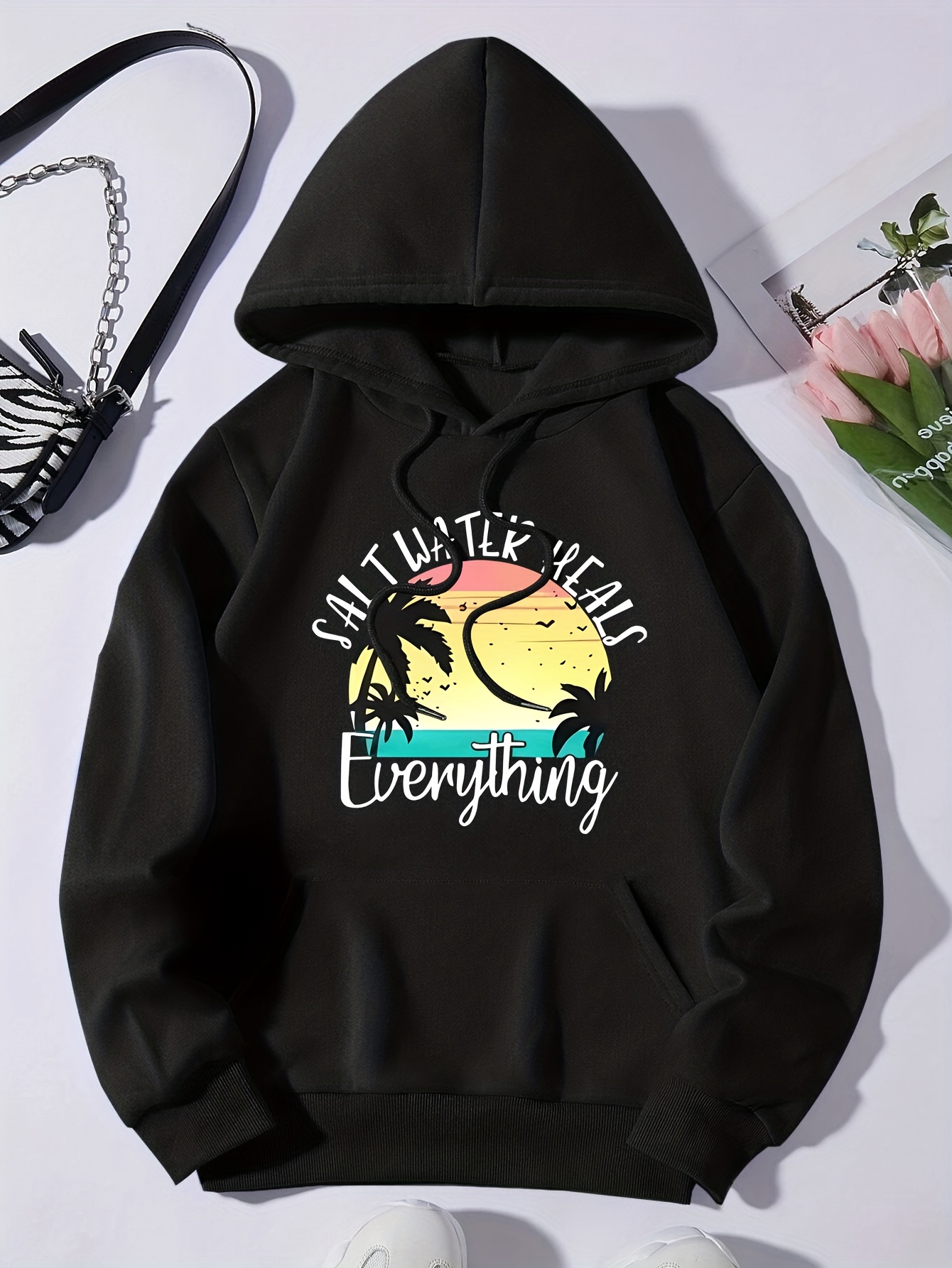 Hawaii Beach Letter Print Hoodie, Casual Pocket Long Sleeve Drawstring Hoodies, Pullover Sweatshirt, Women's Clothing,Temu