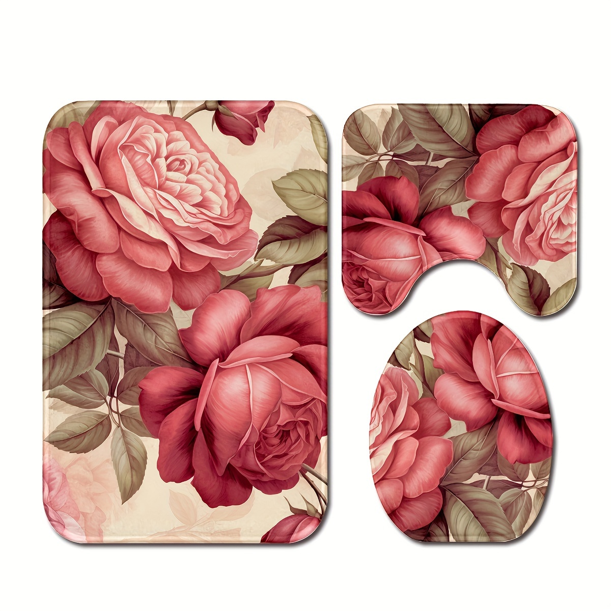 

3pcs/set Red Rose Printed Floor Mat, Three-piece Bathroom Mat Set, Non-slip Mat, Water-absorbent Mat, Toilet Lid Mat, Toilet U-shaped Mat, Floor Rugs