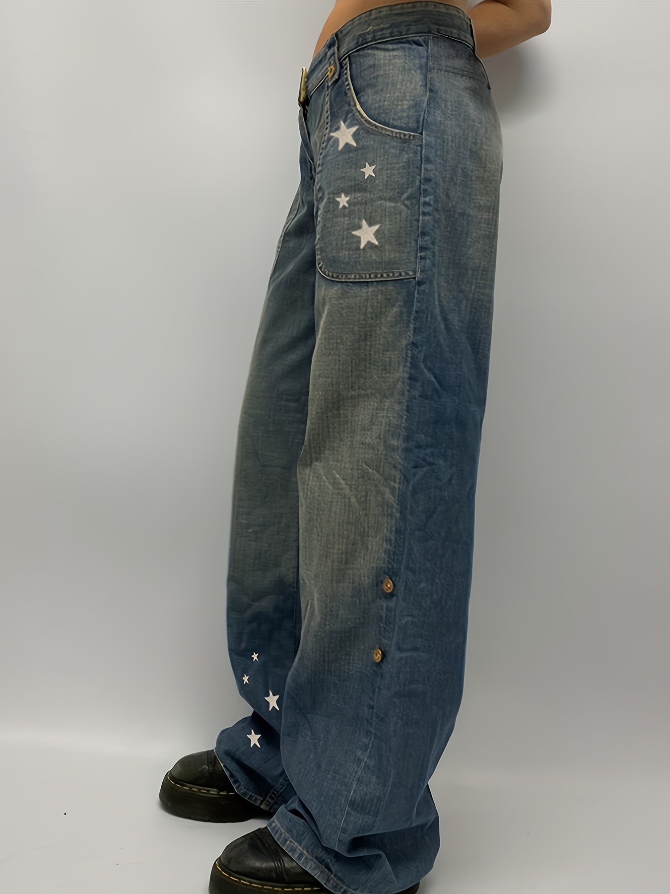 Star Pattern Washed Straight Jeans Loose Fit Slant Pockets - Temu