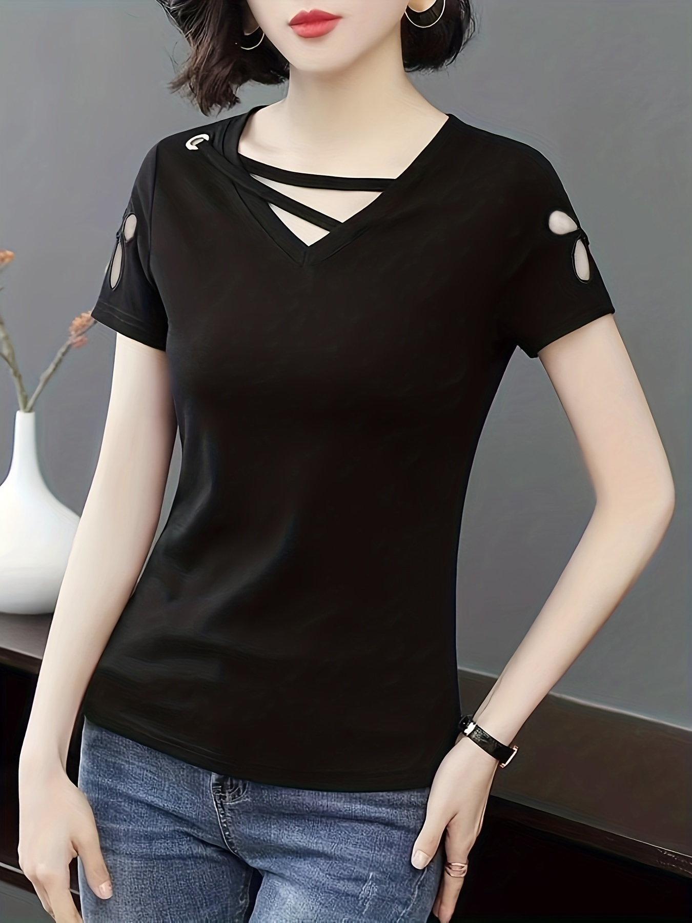 Solid Slant Band V Neck T shirt Casual Flower Shaped Cutout - Temu