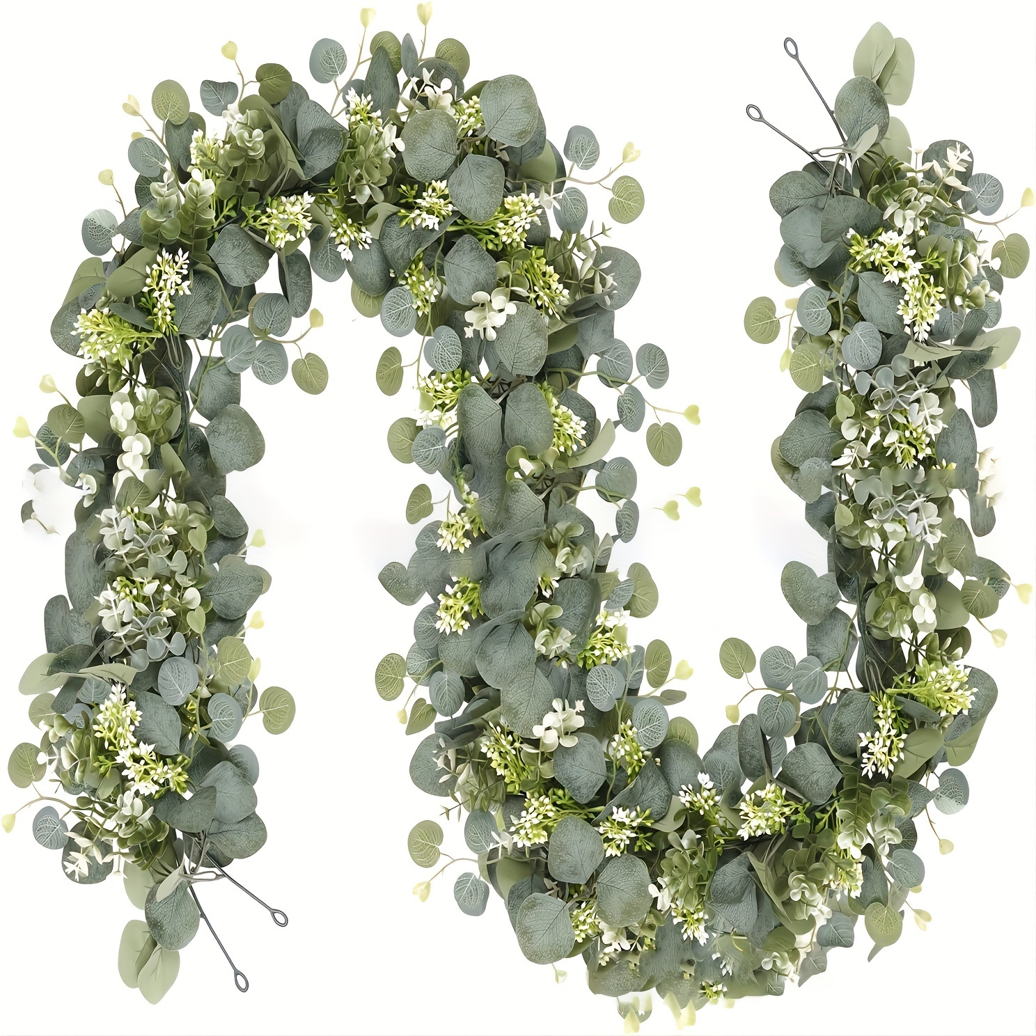 

1pc Artificial Eucalyptus Garland, Artificial Silvery Dollar Green Garland, Faux Vine With White Flowers, Boxwood Fake Hanging Plant For Wedding Home Party Table Cover Wall Decor