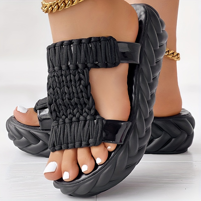 

Women's Solid Color Braided Sandals, Slip On Soft Sole Platform Daily Shoes, Versatile Summer Comfy Slides Shoes