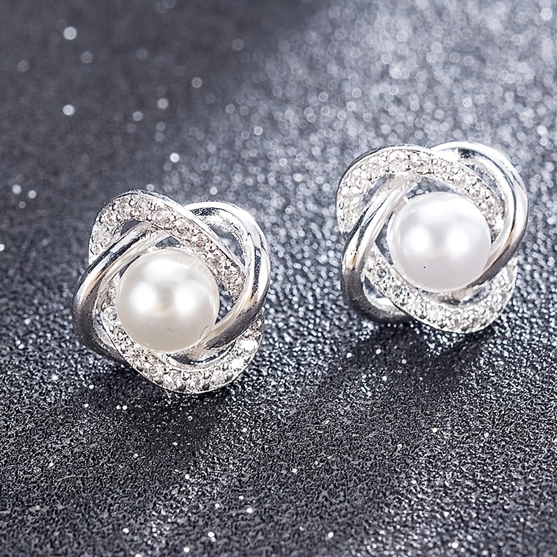 Pendientes de plata de ley 925 con circonita cúbica redonda de imitación de  perlas de imitación para mujer, para novia, plata de ley 925, Perla Gema