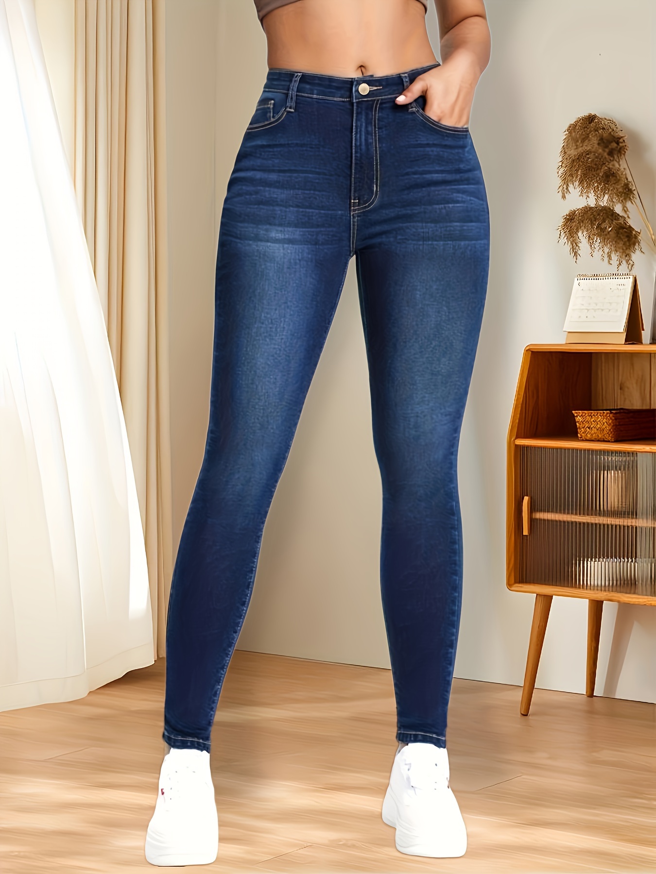 Dark Blue Versatile Skinny Jeans, Slim Fit High-Stretch Slant Pockets Tight  Jeans, Women's Denim Jeans & Clothing