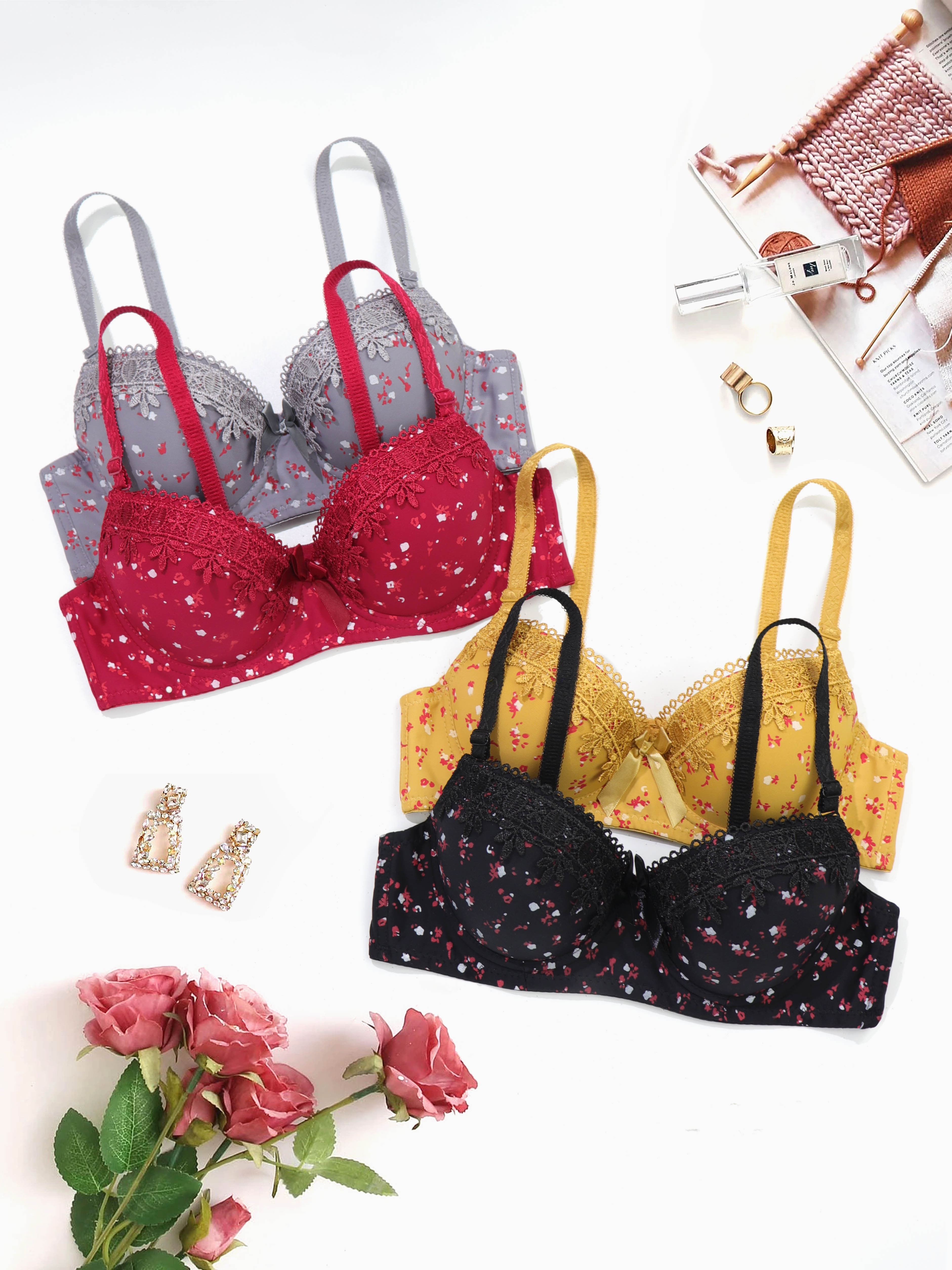 Xeffo Seamless Brand Sexy Bow Floral Bras Pantes Set Push Up