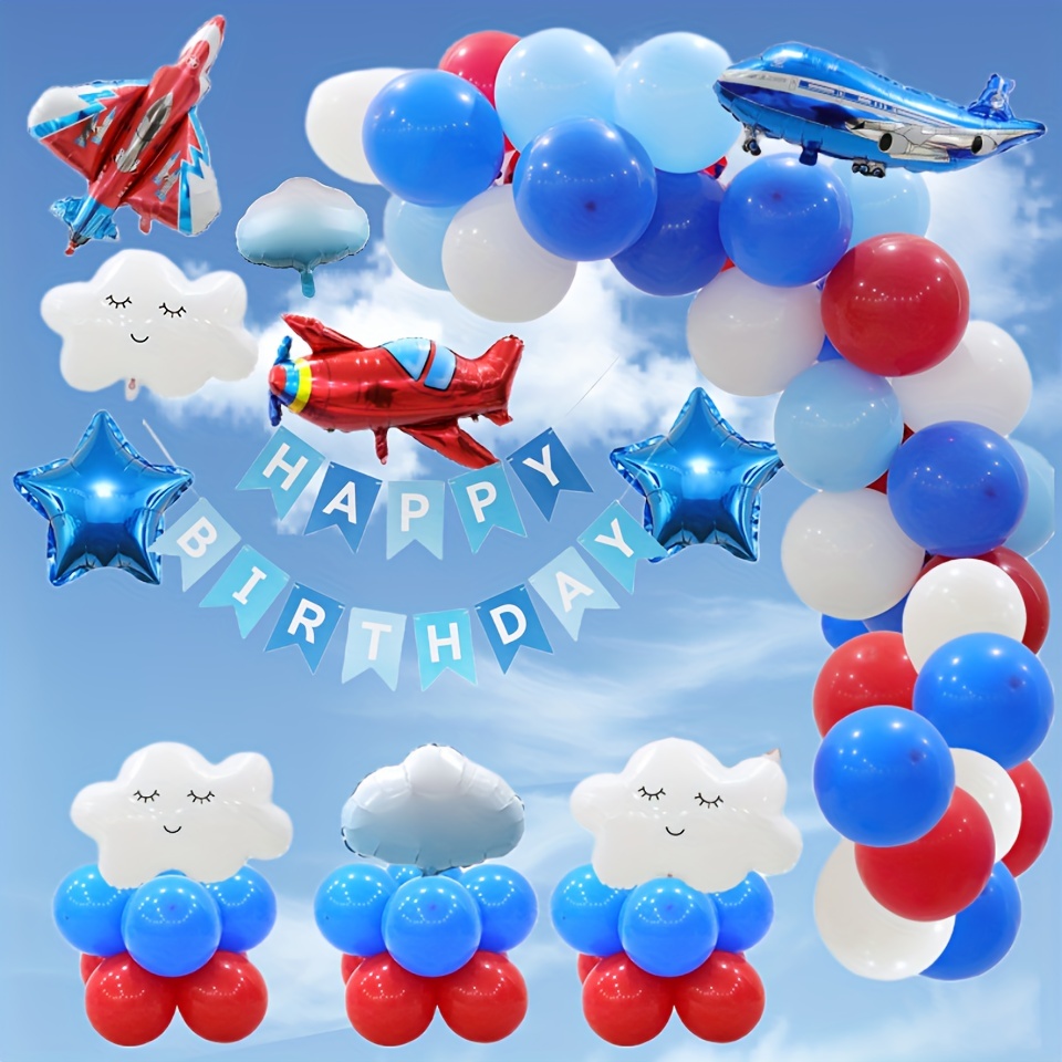ballon bleu 1er anniversaire avec nuages blancs