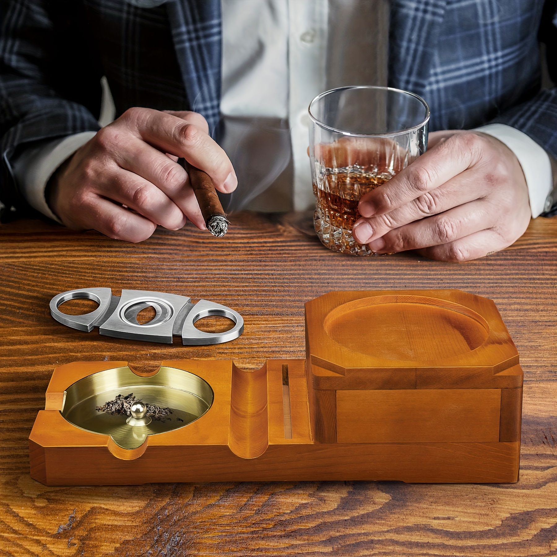 1pc Ashtray, Whiskey Glass Tray And Wooden Ashtray, Removable Outdoor  Ashtray, Accessories Gift Set With Clippers, Great Decorations