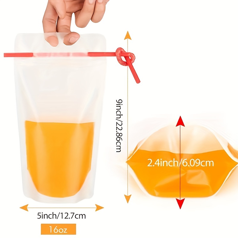 Pcs Stand Up Plastic Drink Pouches Bags with 100 Drink Straws, Zipper Clear Heavy Duty Hand Held Translucent Reclosable Heat Proof Bags for Smoothie