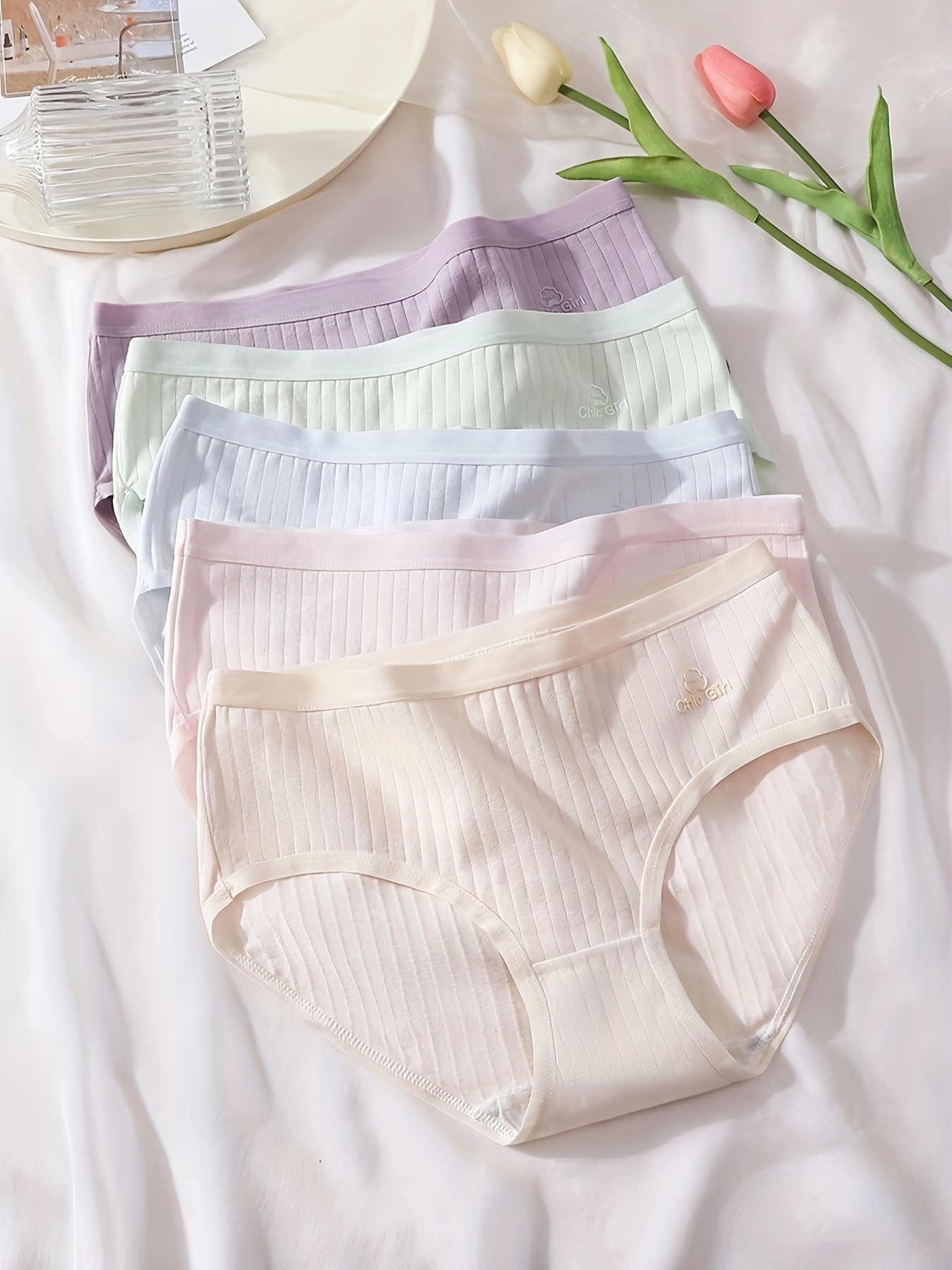 5pcs Letter & Heart Print Briefs, Comfy & Breathable Lace Trim Intimates  Panties, Women's Lingerie & Underwear
