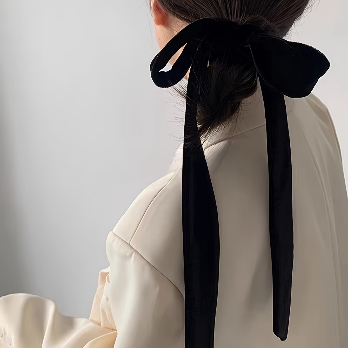 Bow Hair Ribbon Vintage Black Velvet Scrunchie Women Long Elastic