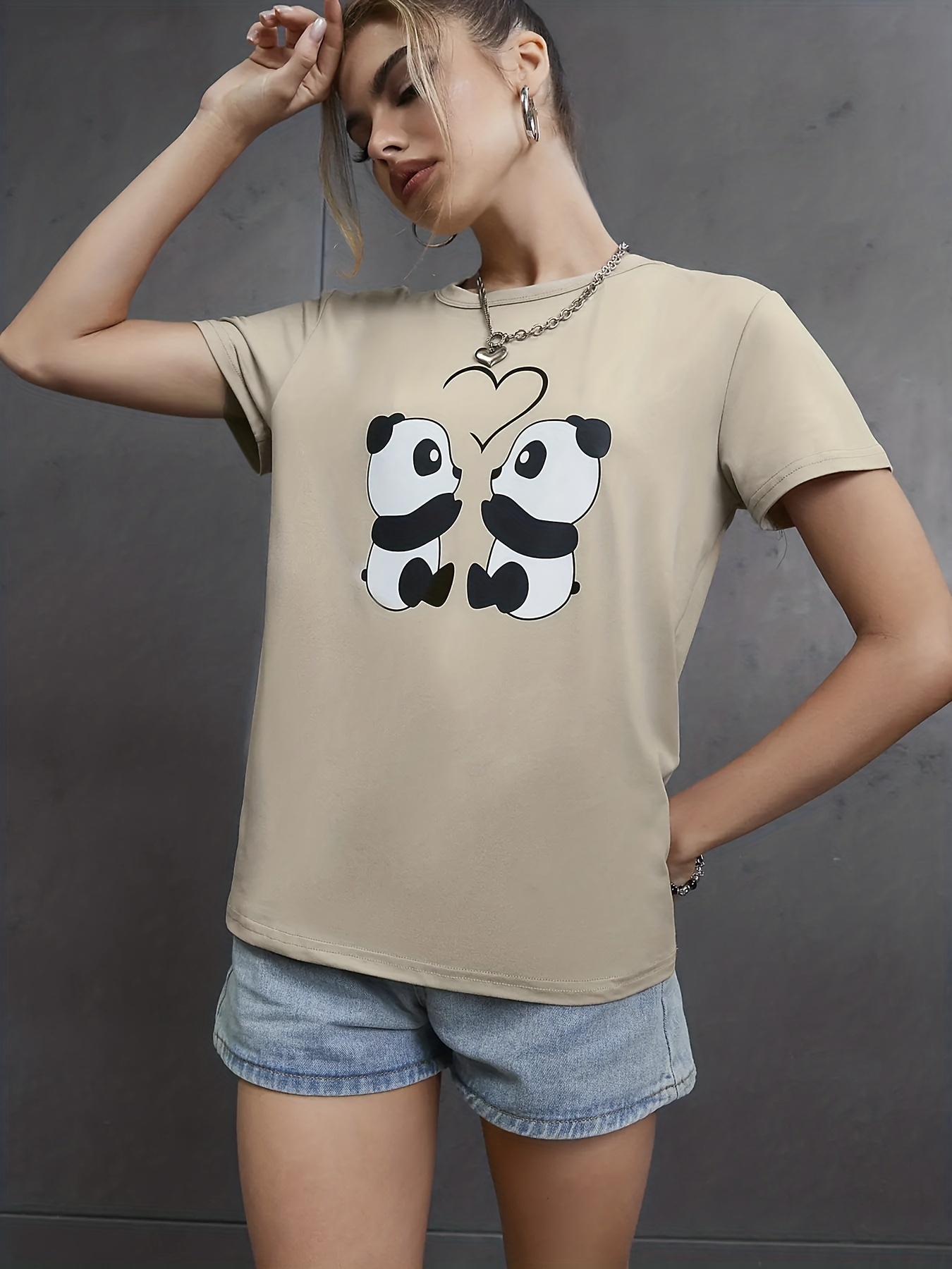 Bonita Camiseta Estampado Panda Camiseta Manga Corta Cuello - Temu