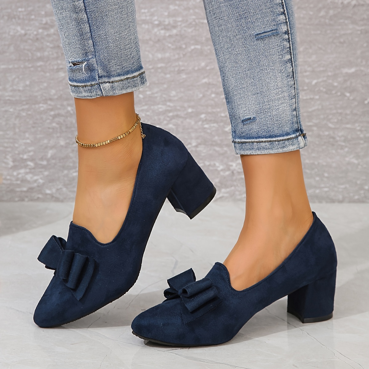 Women's Bowknot Chunky Heeled Pumps Solid Color Pointed Toe - Temu