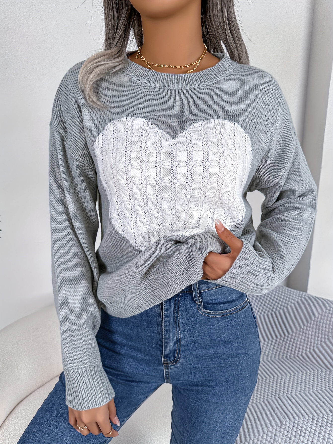 Grey sweater with hot sale white heart