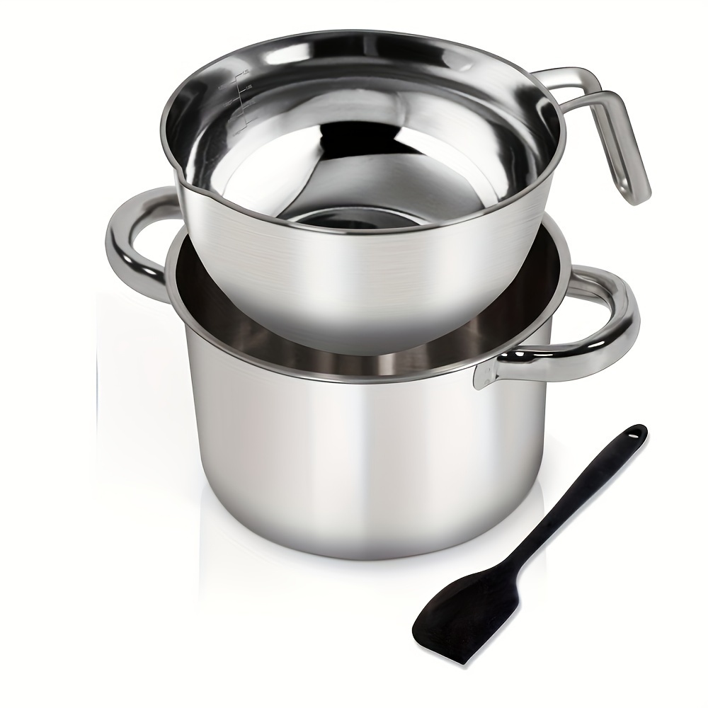 Double Boiler Pot Set, Stainless Steel Melting Pot with Silicone Spatula  for Melting Chocolate, Soap, Wax, Candle Making (600ml and 1600ml)