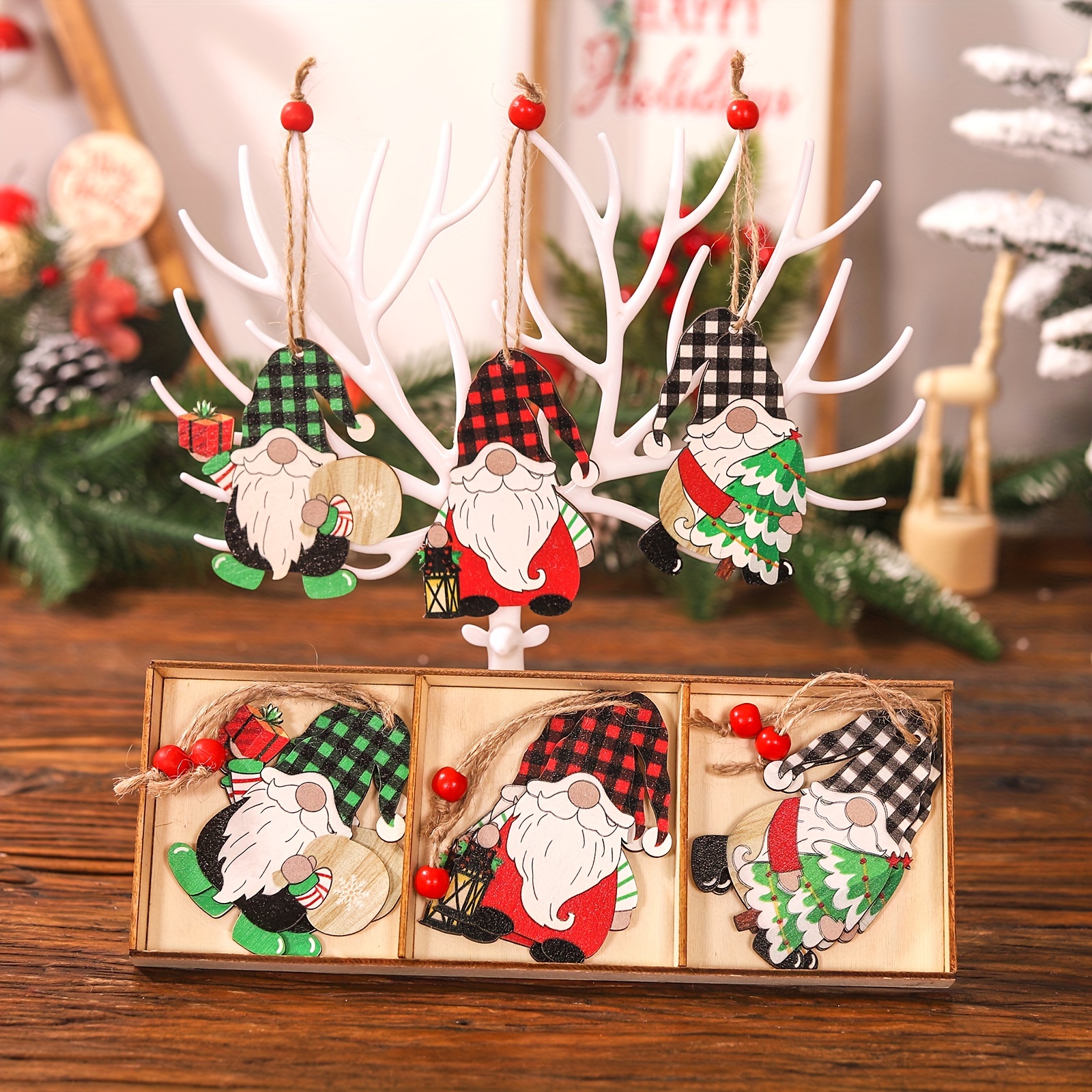 Christmas Ornaments Wooden Box Set 9pcs Gnomes Pendant Decor Party Supplies  Xmas Tree Navidad