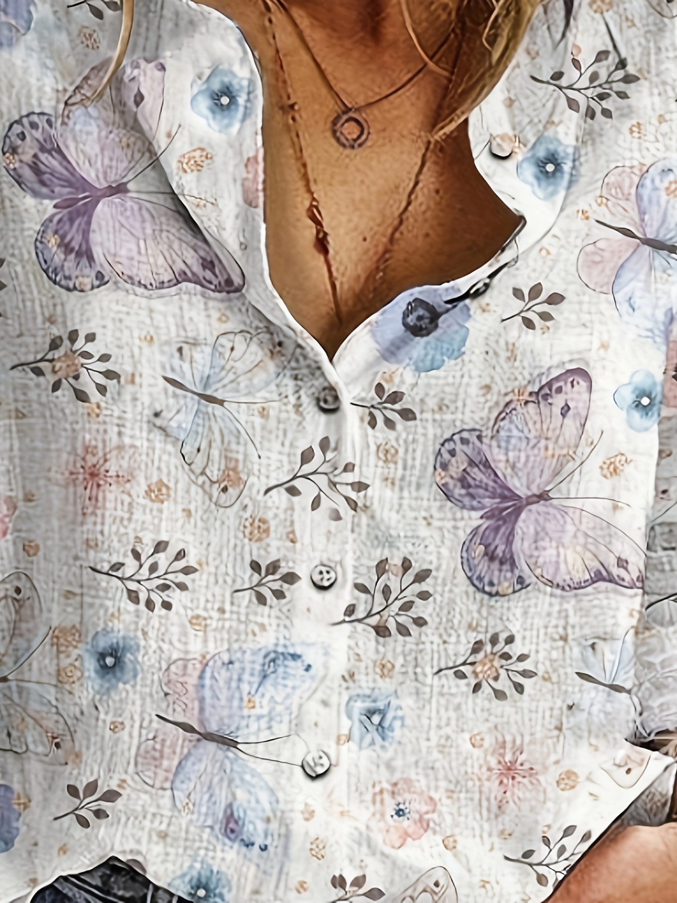 Camisa de colarinho polo com estampa floral e borboleta, camisa casual de manga longa com botões para a primavera e o outono, roupas femininas