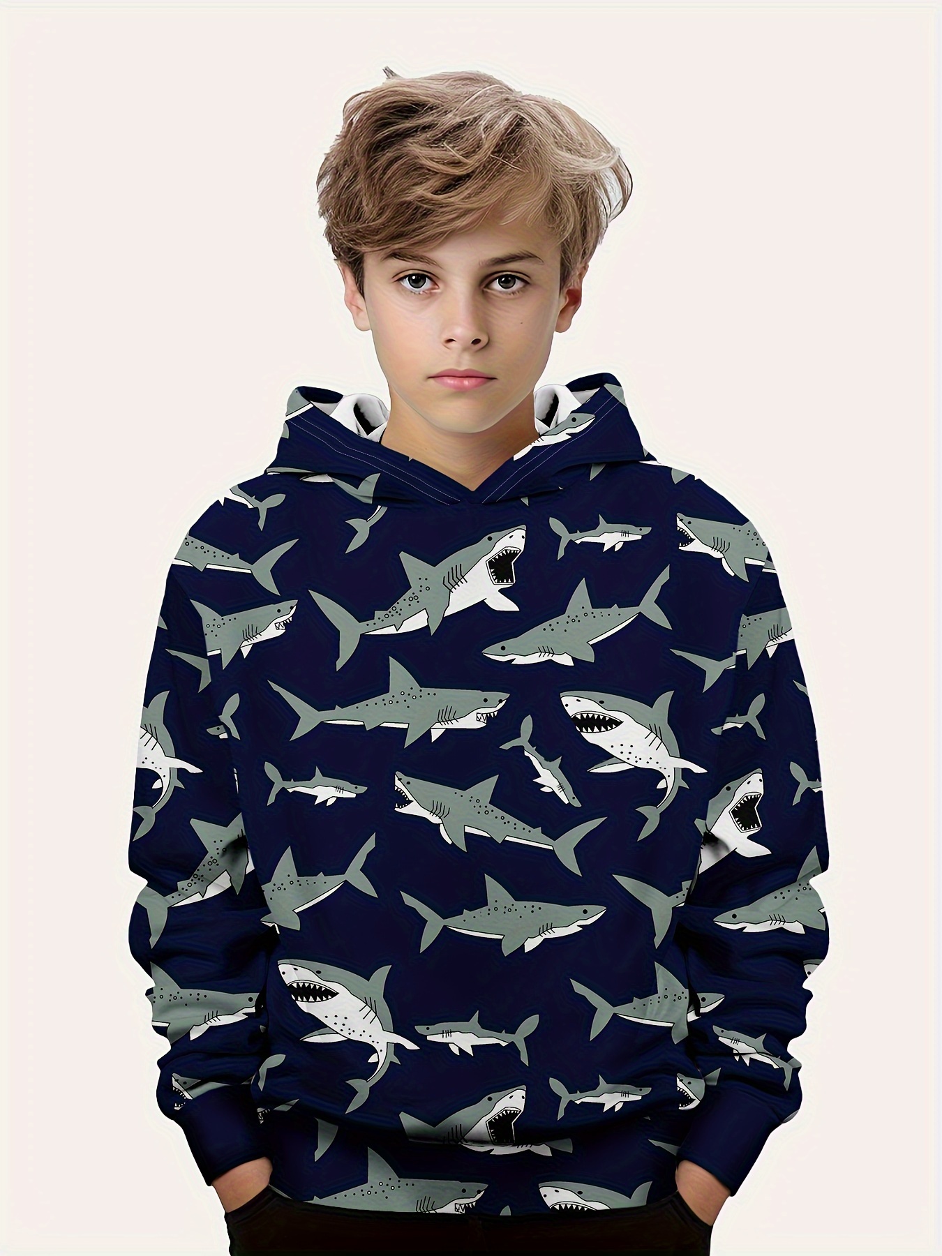 Cartoon Shark 3d Print Boys Casual Pullover Long Sleeve - Temu Norway