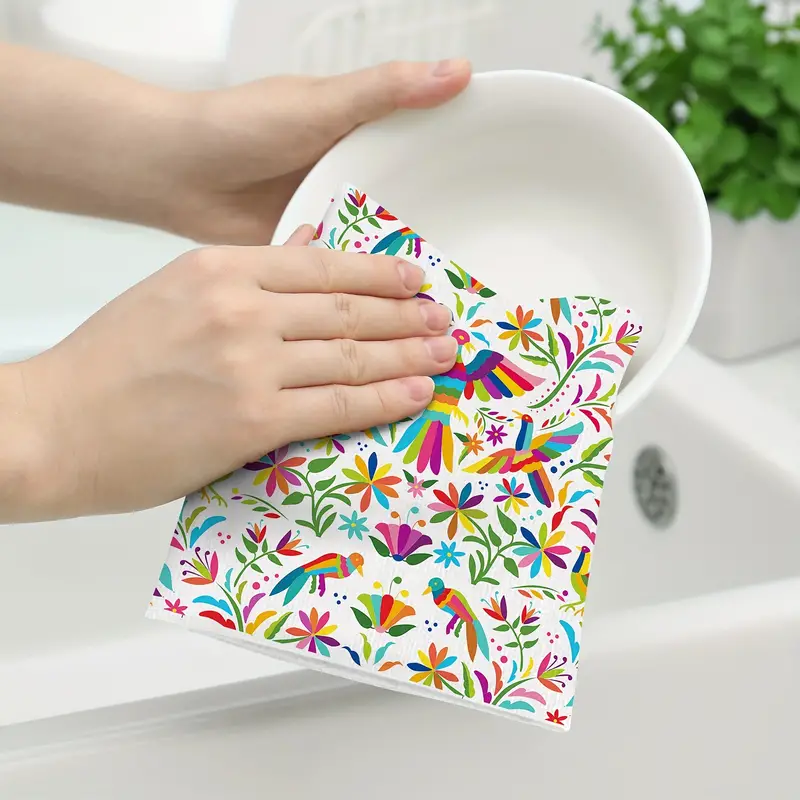 Dish Cloth, Colorful Mexican Traditional Bird Flower Pattern