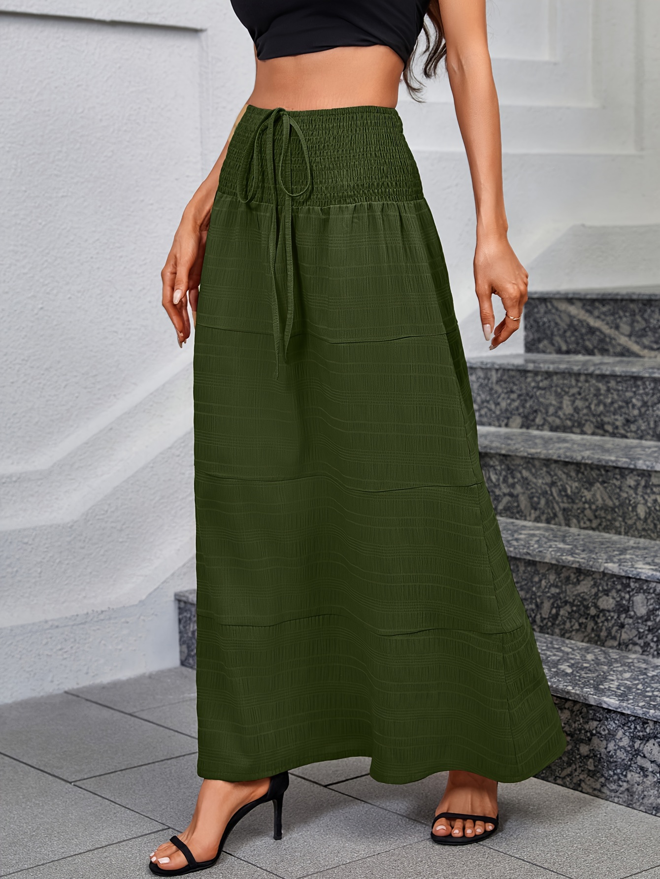 Textured Drawstring Tiered Skirt Casual Shirred High Waist - Temu 