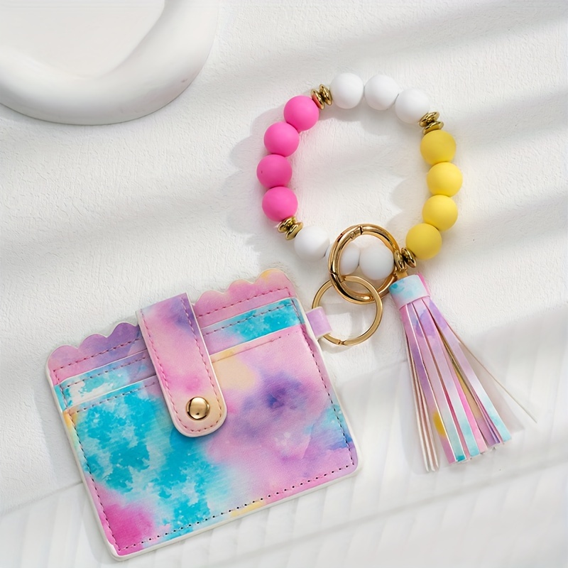 Wristlet Key Ring Lanyard Key Ring Silicone Car PU Tassel Card Case Wallet  Beaded Bracelet With Card for Women and Girls 