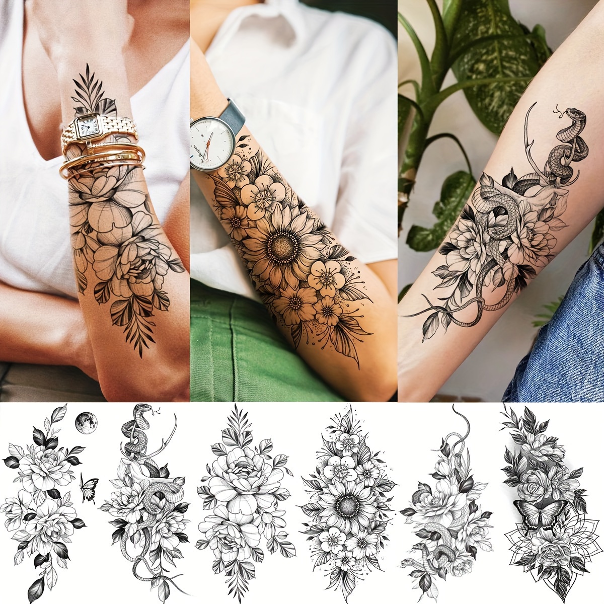 61 Fogli Tatuaggi Temporanei Fiore Serpente 3D Per Collo Braccio Donna, 12  Fogli Adesivi Tatuaggi Finti Floreali Realistici Coscia, Tatuaggio