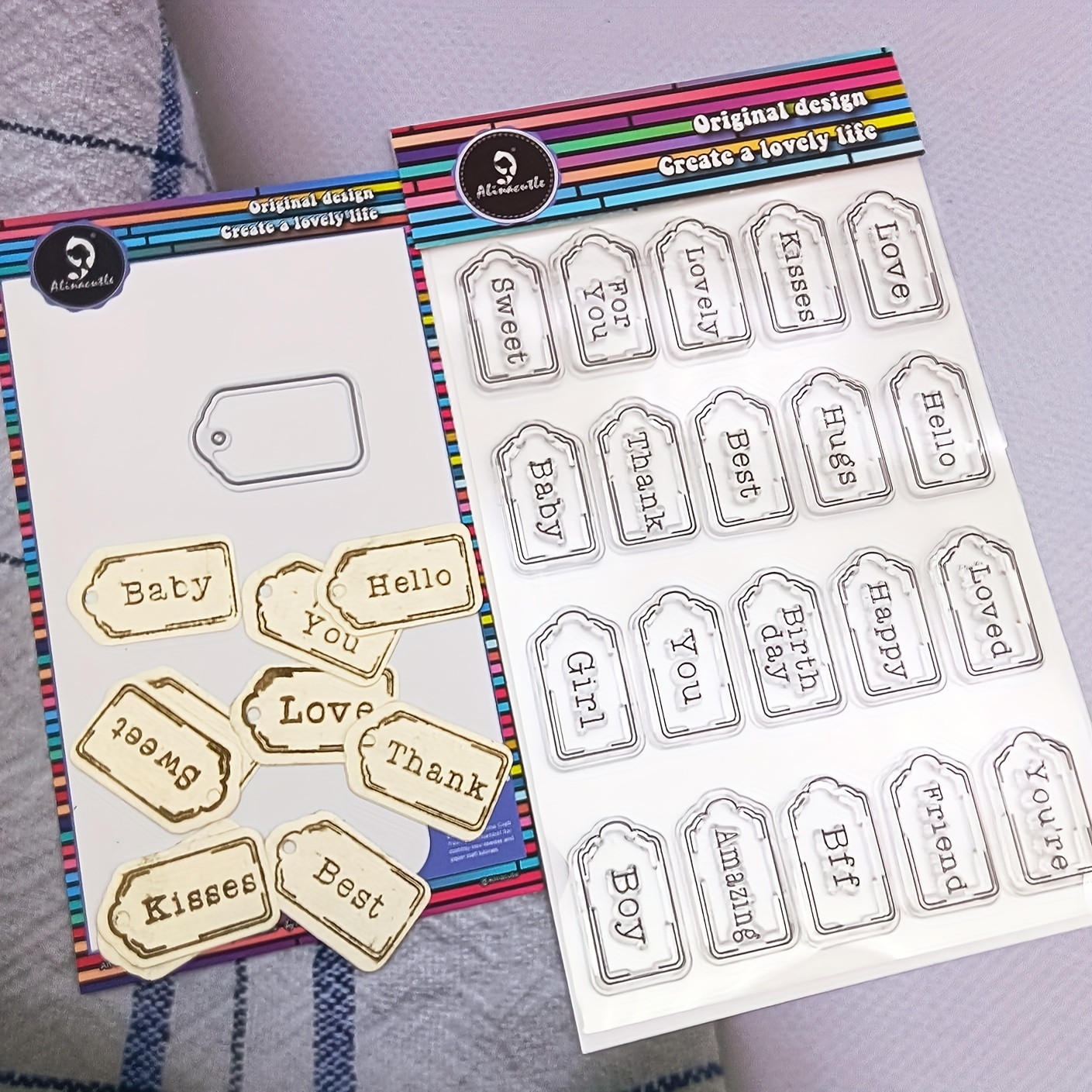 

Alinacutle 1pc Sentiments Stamps With 1pc Tag Metal Cutting Die Cut For Paper Craft Ink Stamps, Scrapbooking And Album, Handmade Card Transparent Stamps
