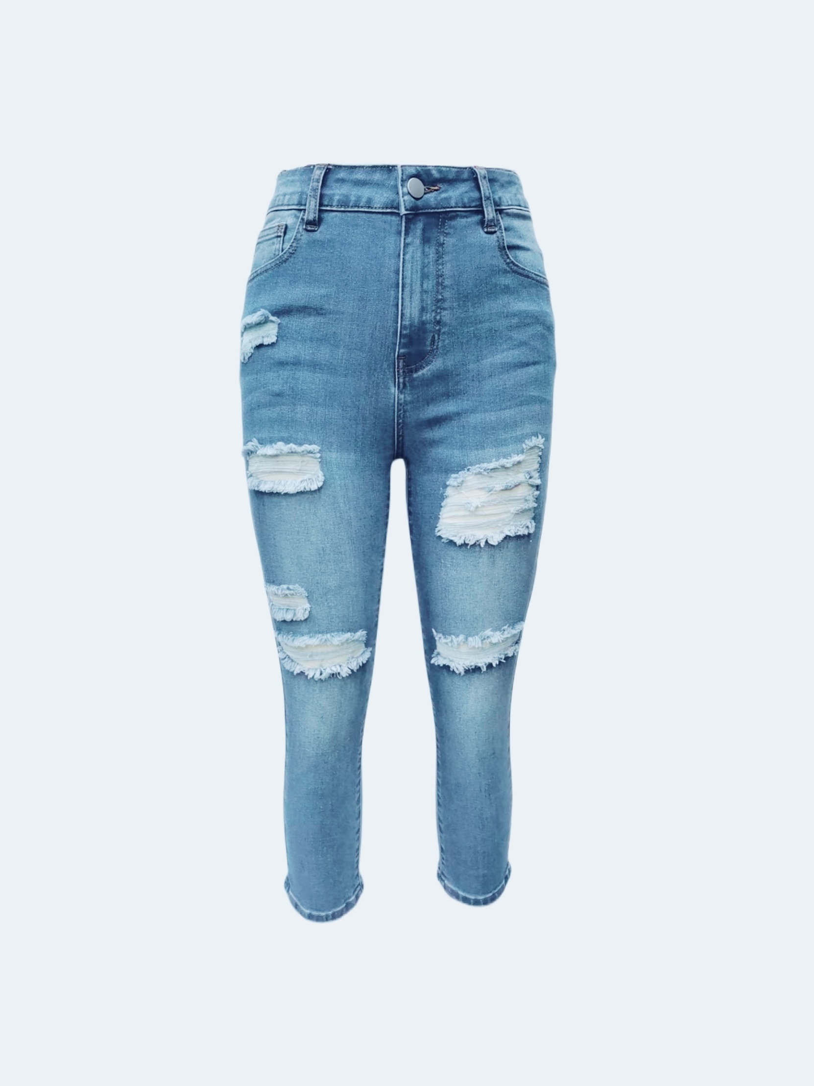 Blue Ripped Holes Skinny Jeans Slim Fit Slash Pockets Slight