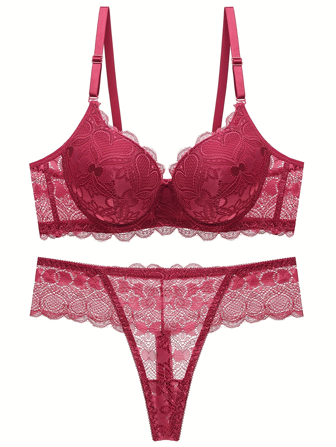 Solid Color Burgundy Red Lace Bra & Panty, Spaghetti Strap Elegant Bra &  Cheeky Thong Panties Lingerie Set, Women's Lingerie & Underwear