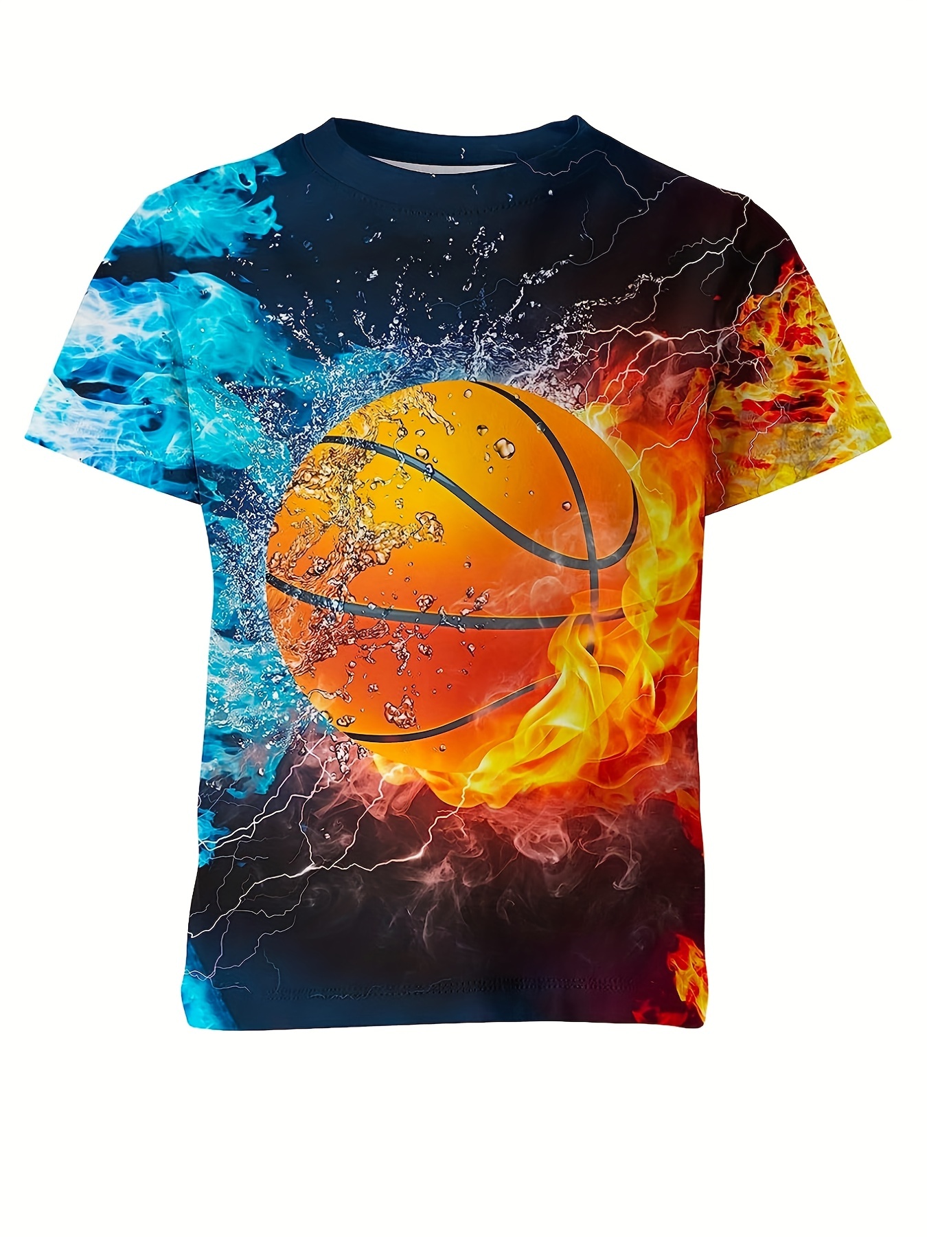 Stylish Flame Basketball 3D Print Boys Creative T-Shirt, Casual Lightweight Comfy Short Sleeve Tee Tops, Kids Clothings for Summer,Temu