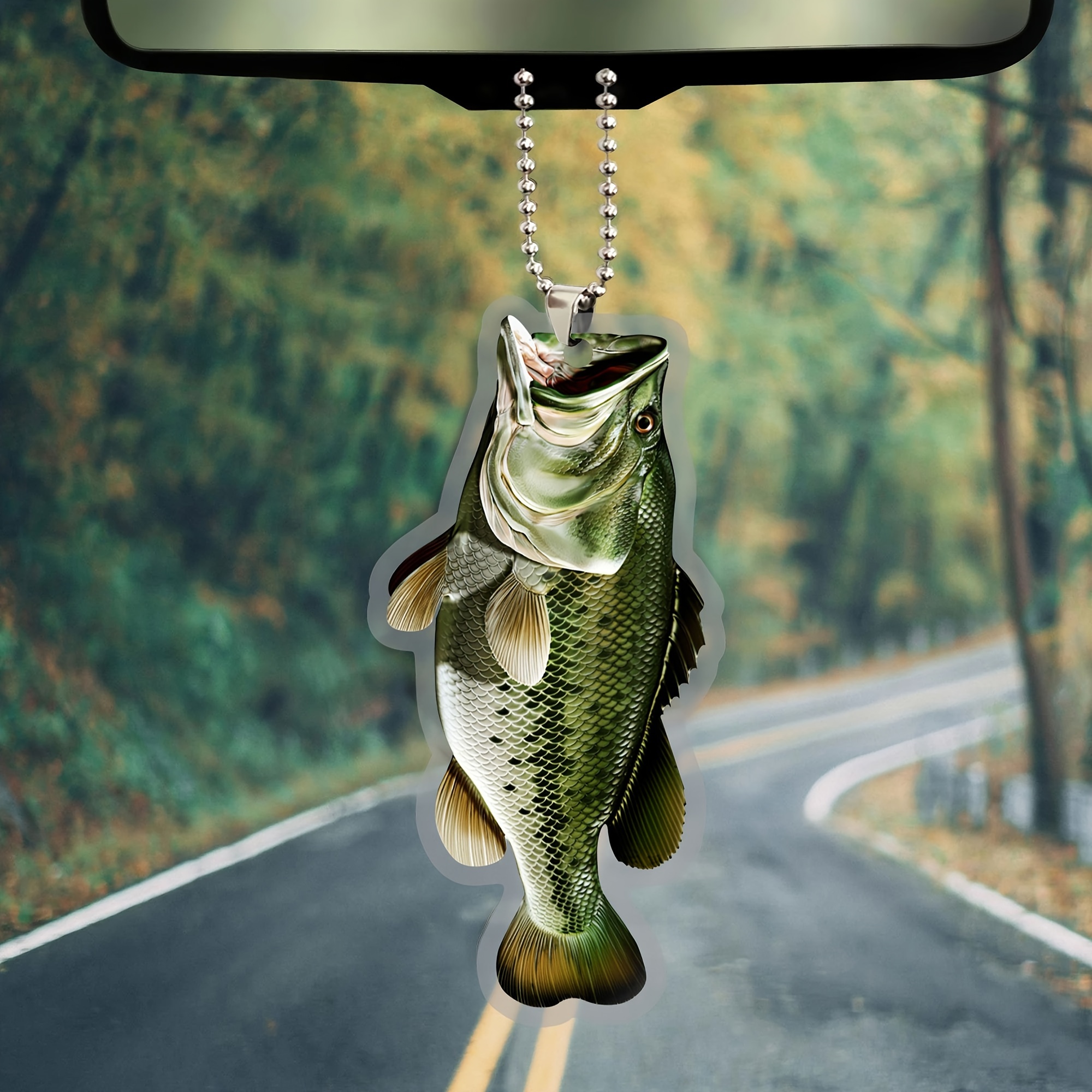 1pc, Fisherman Fishing Big Bass Fish Unique Idea Car Ornament, 2D Flat Car  Rear View Mirror Accessories, Rearview Mirror Charm, Home Decor, Scene Deco
