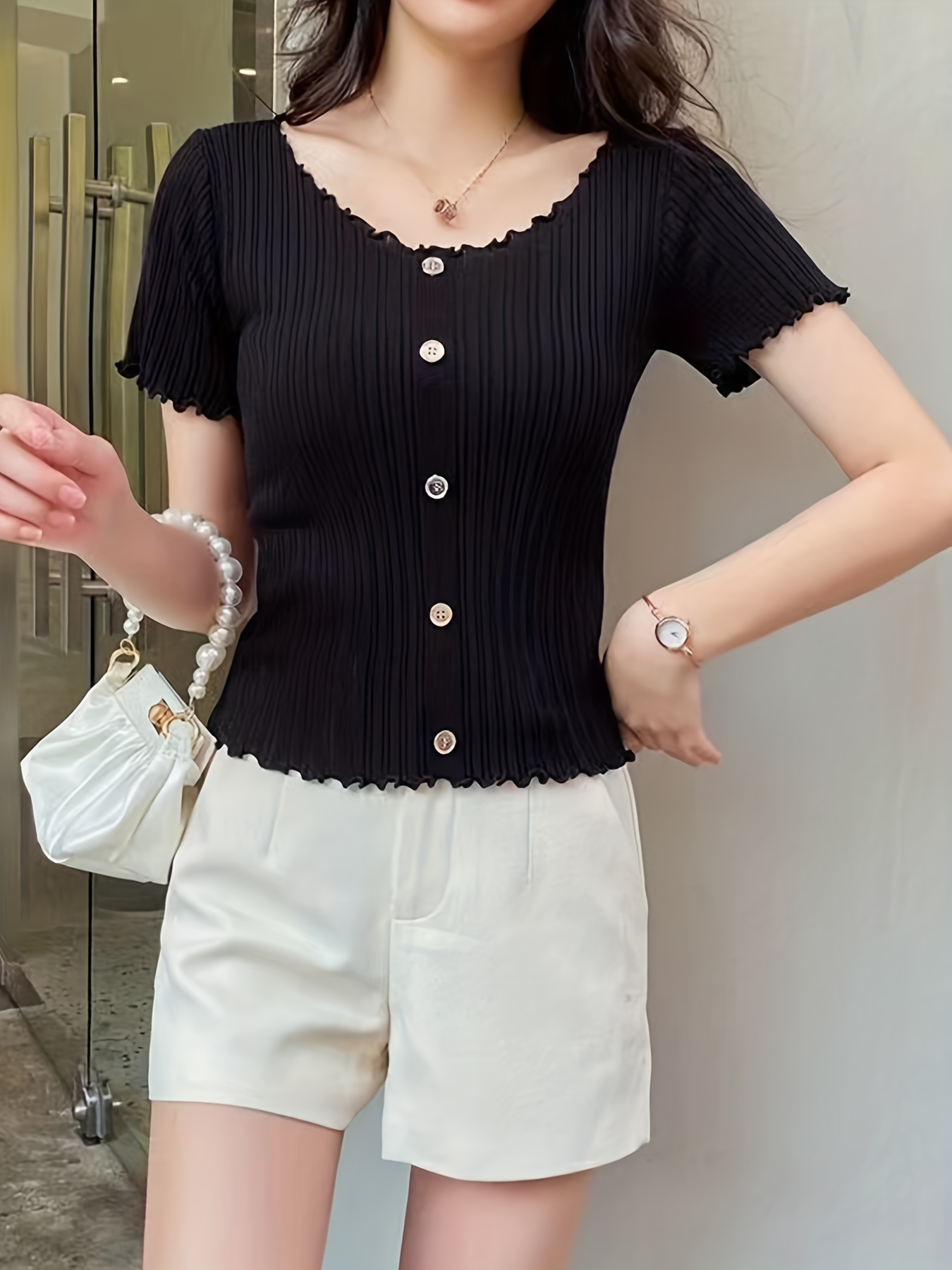 Short Sleeve Shirts Women Crewneck Casual, White Button