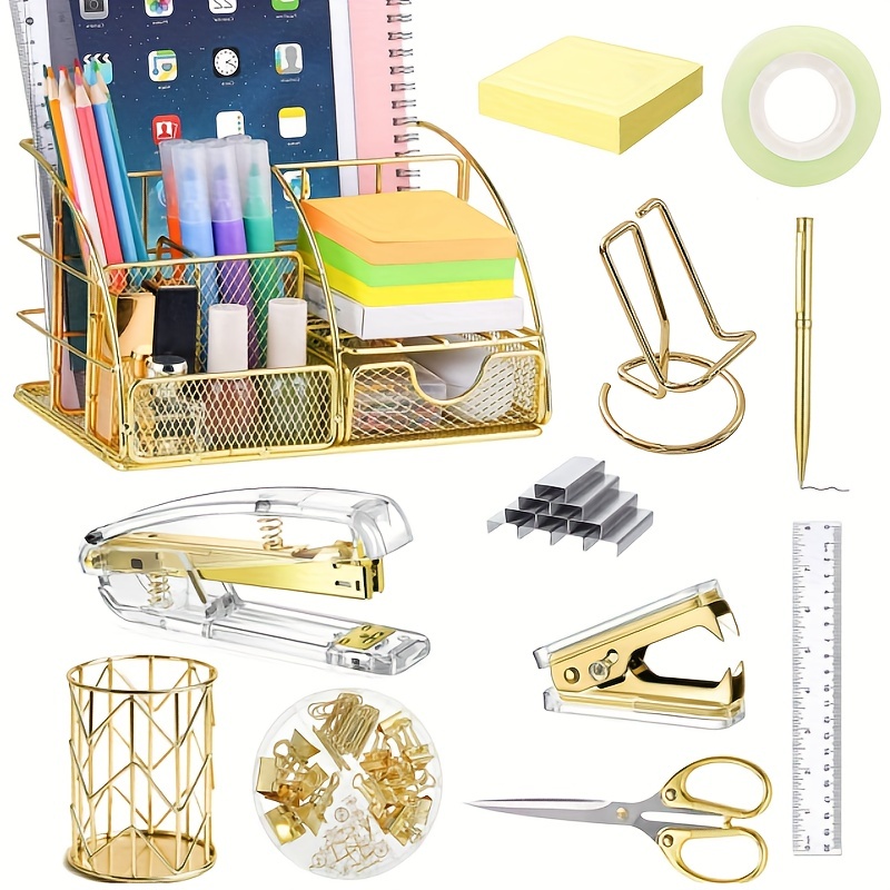 EOOUT Gold Desk Accessories, Office Supplies and Accessories Set, Acrylic  Stapler Set, Staple Remover, Pen Holder, Ballpoint Pen, Ruler and Staples