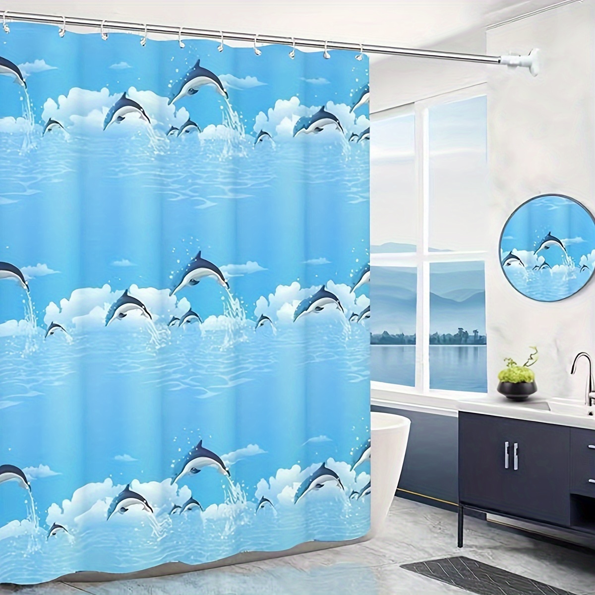 Dolphin Pattern Shower Curtain Peva Material Thickened - Temu