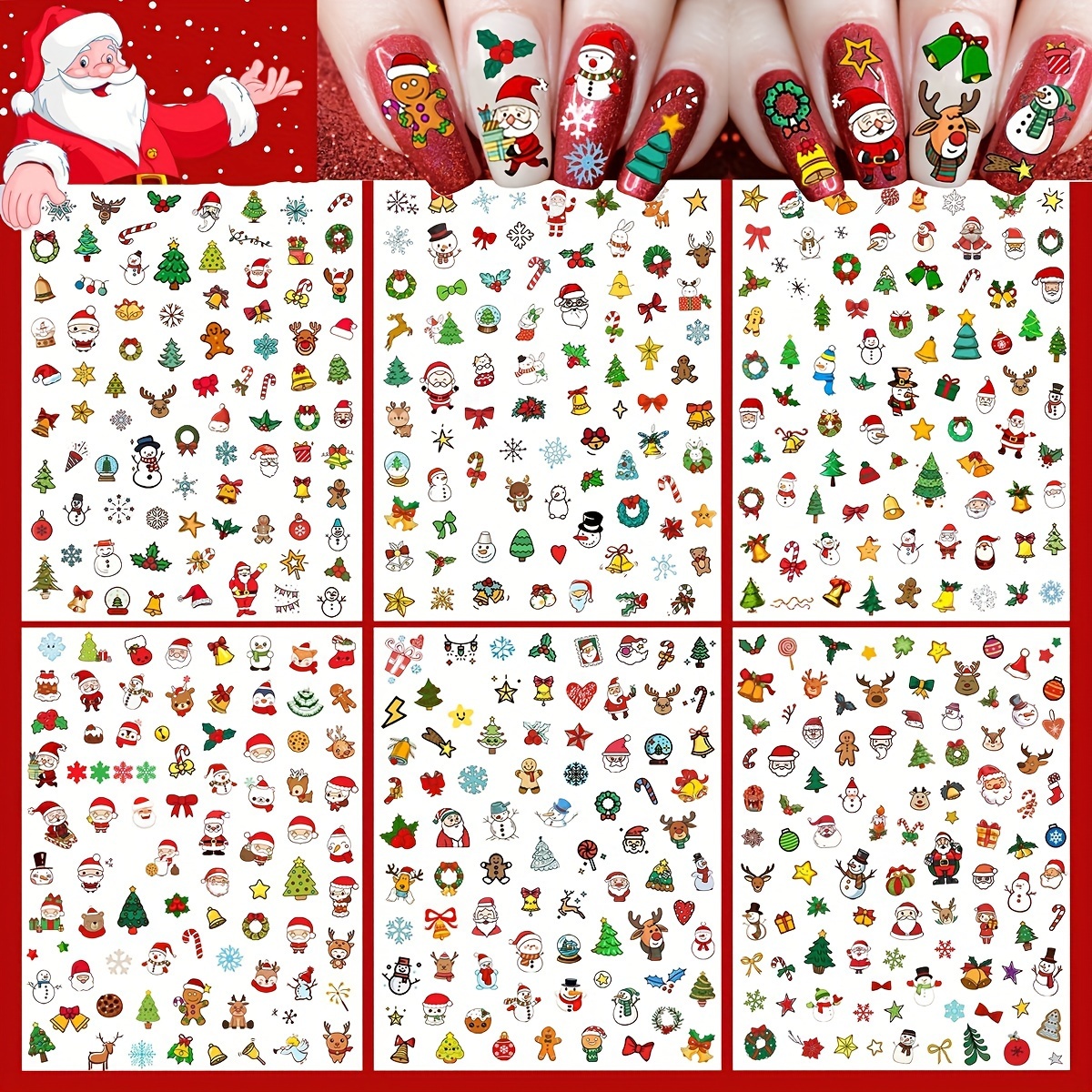 

6 Sheets Christmas Nail Art Stickers Decals For Women Manicure, Funny Santa Claus Elk Deer Self-adhesive Nail Decals Stickers, Xmas Snowman Nail Decoration Christmas Accessories Party Supplies