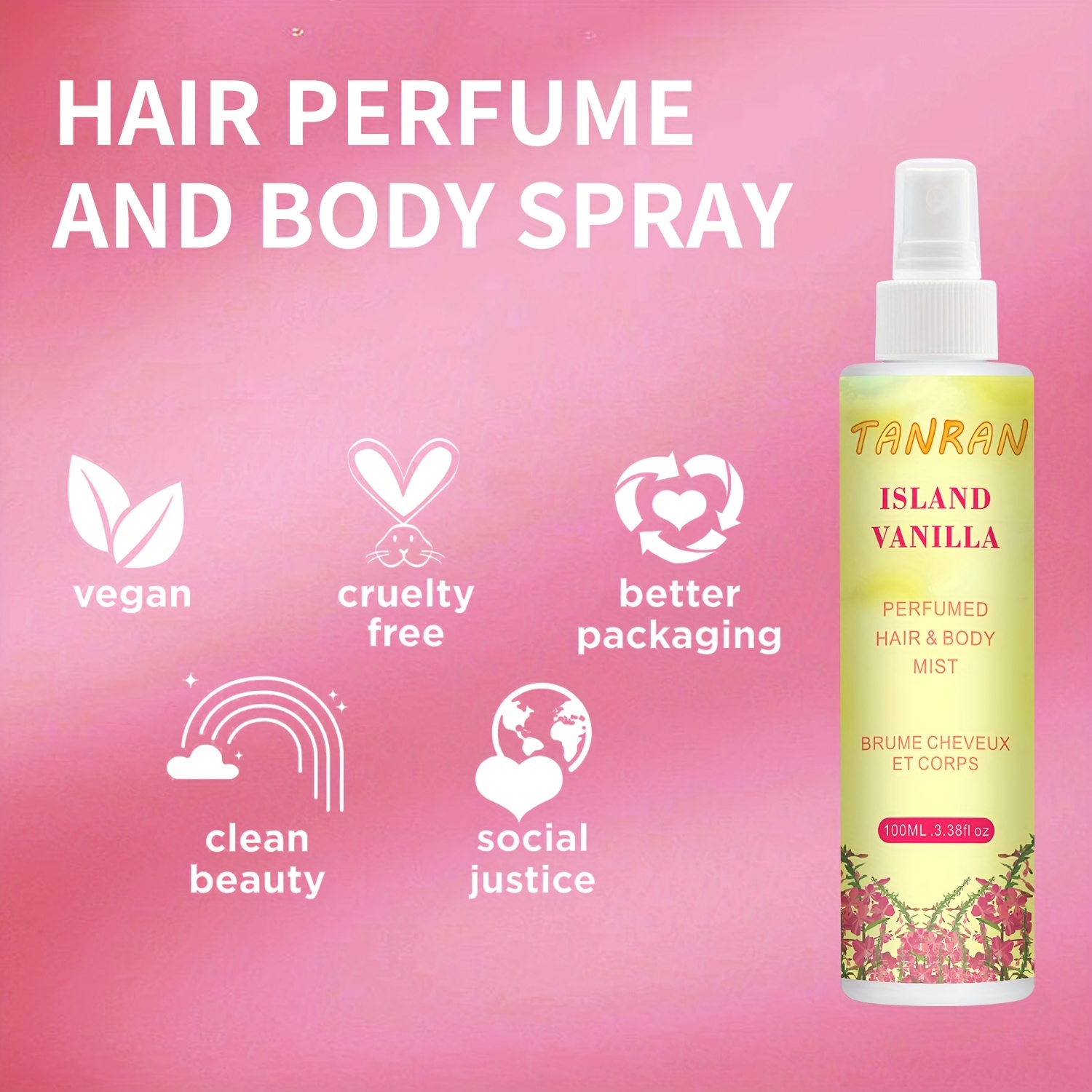 100ml/3.38oz Vanilla Hair Perfume & Body Spray, Best Warm Vanilla Scent  Body Mist, With Essential Oil, Alcohol Free, Clean Fragrance