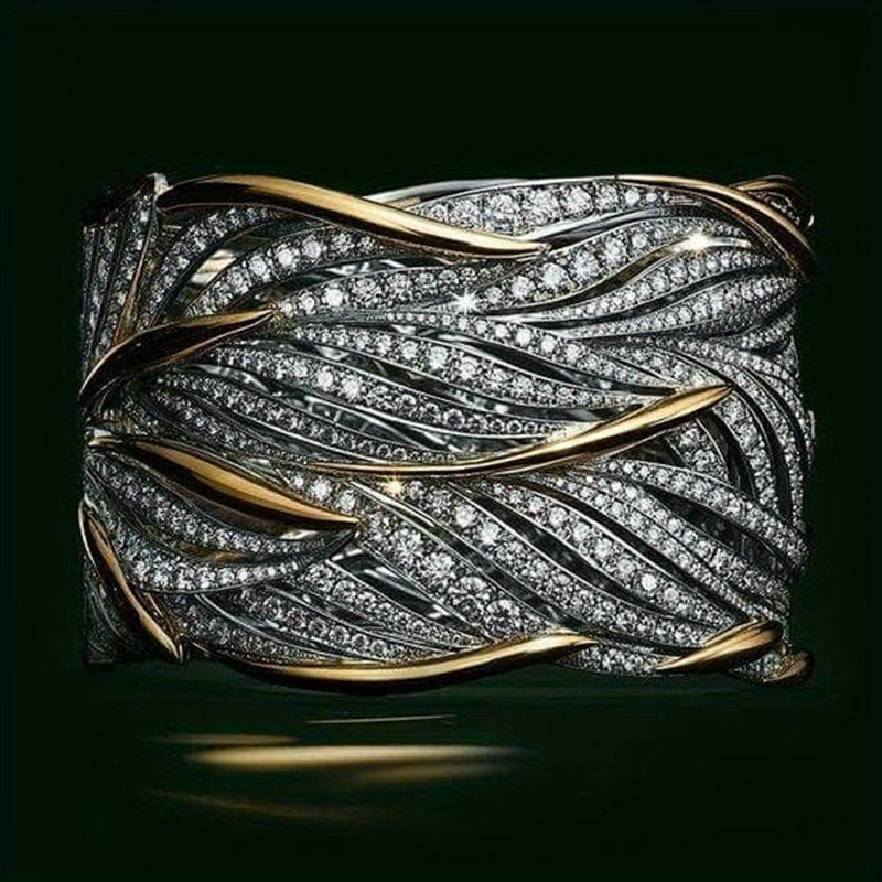 

Trendy Wide Ring Silver Plated Inlaid Full Of Shining Zircon Silvery Leaf Design Match Daily Outfits Suitable For Men And Women Party Accessory