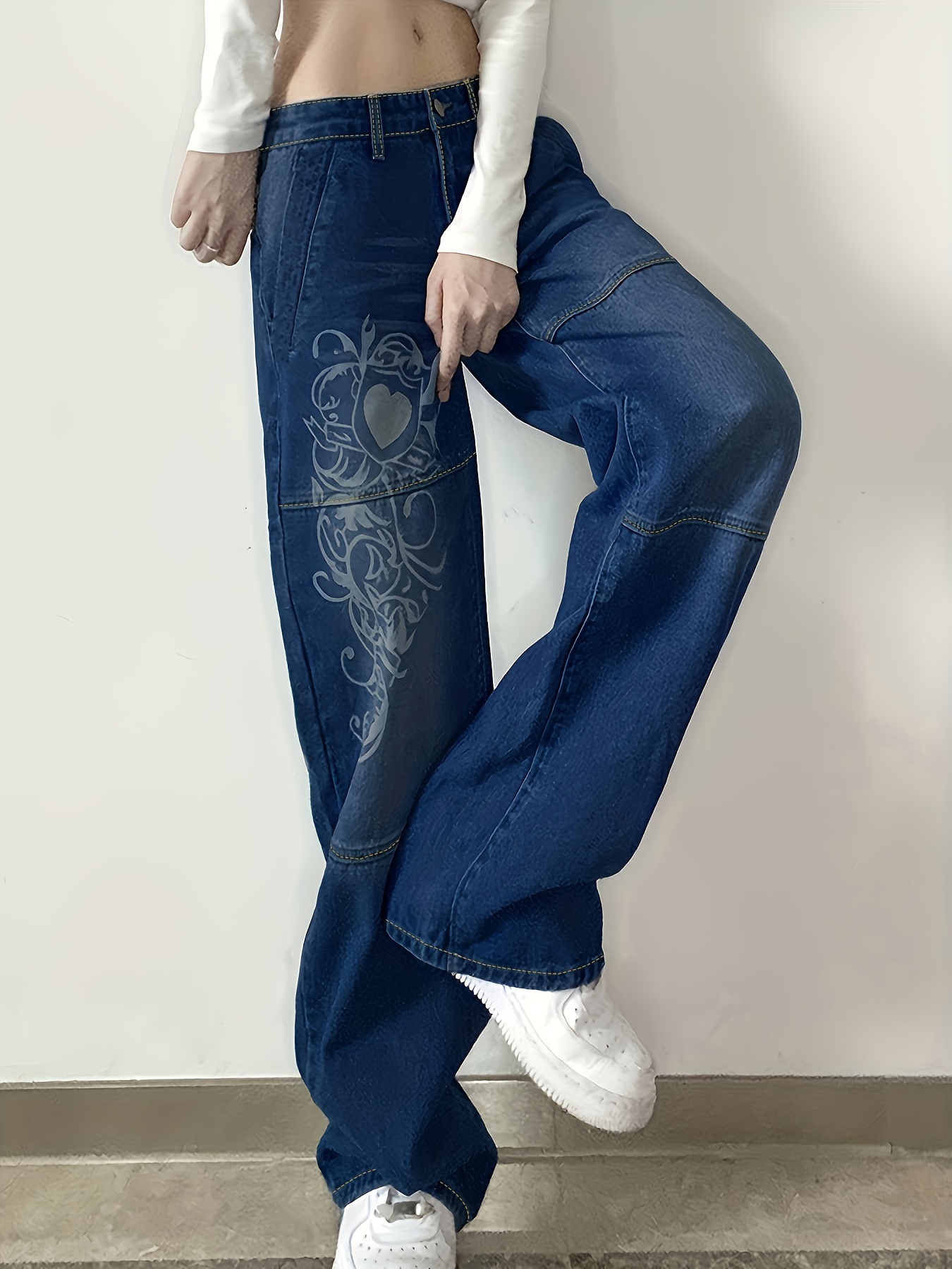 Vintage Jeans 2023 Fashion Y2k Aesthetic Print Woman Jeans Loose Streetwear  Casual High Waist Wide Leg Pants Womenjeans size S Color Blue