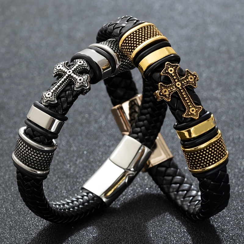 Leather Braided Cross Charm Bracelet Men's Leather Bracelet Vintage Leather Rope Bracelet,Men Jewelry,Temu