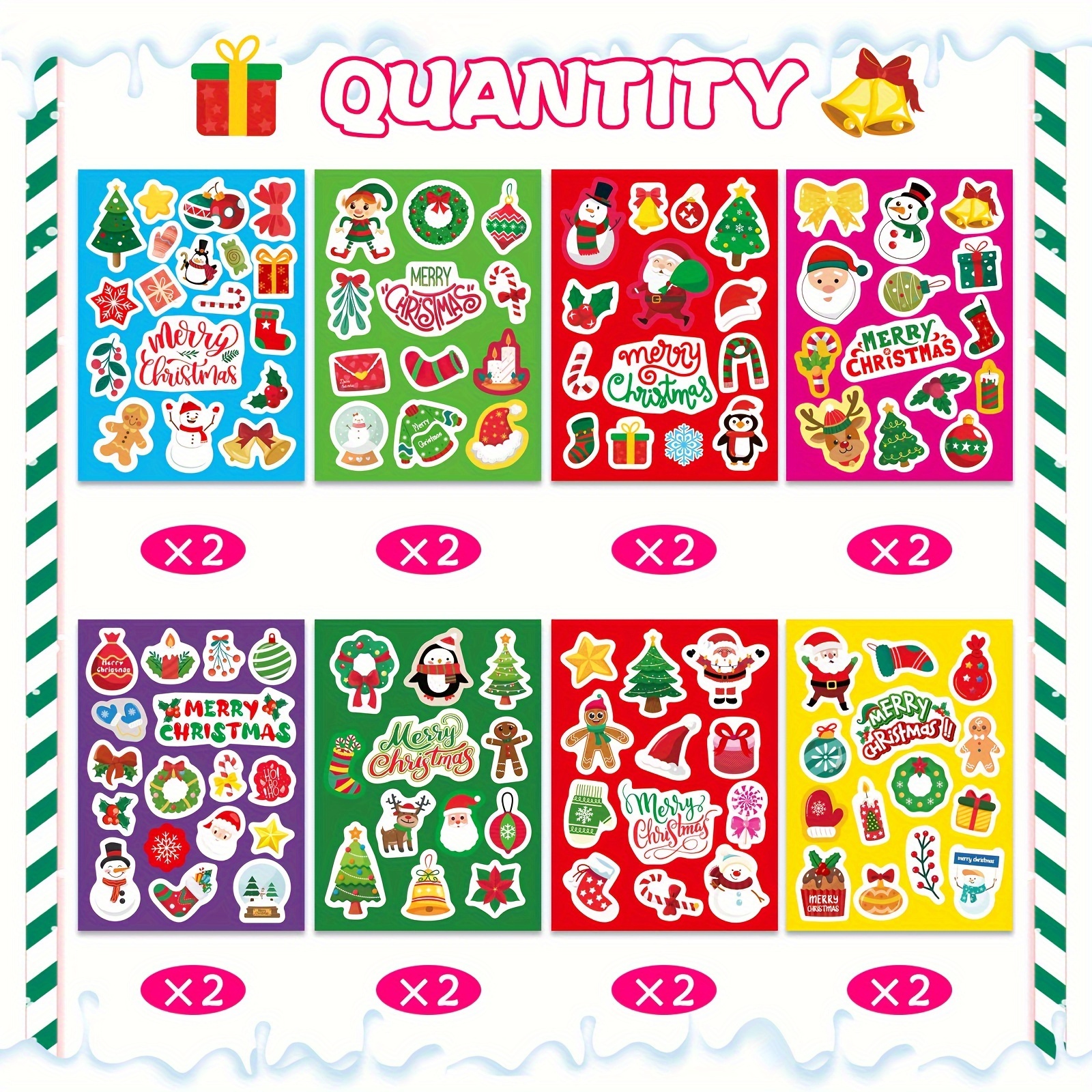 Image of Merry Christmas Sticker Pack - Unique, Non-repeating Holiday Designs For Gift Wrapping & Party Favors, Self-adhesive Polyurethane Decals, Perfect For Winter, New Year