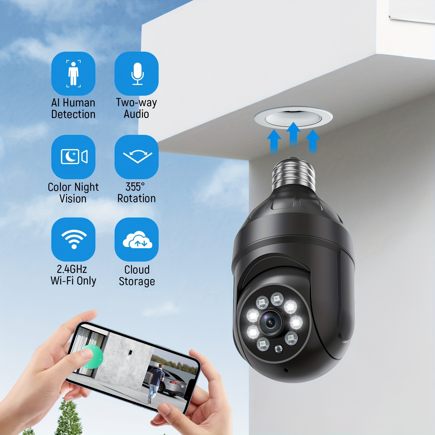 Cámara de seguridad al aire libre, 1080P HD Pan/Tilt 2.4G WiFi, vigilancia  de seguridad para el hogar, visión nocturna de 360°, audio de 2 vías