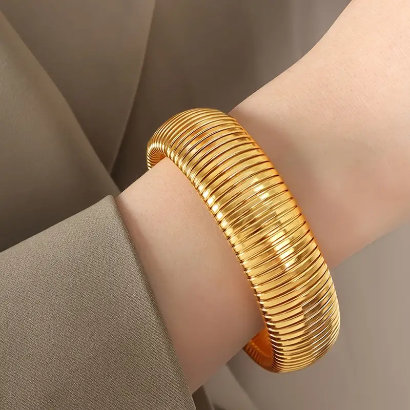 Stainless Steel Exaggerated Wide Design Golden Color Bangle - Temu