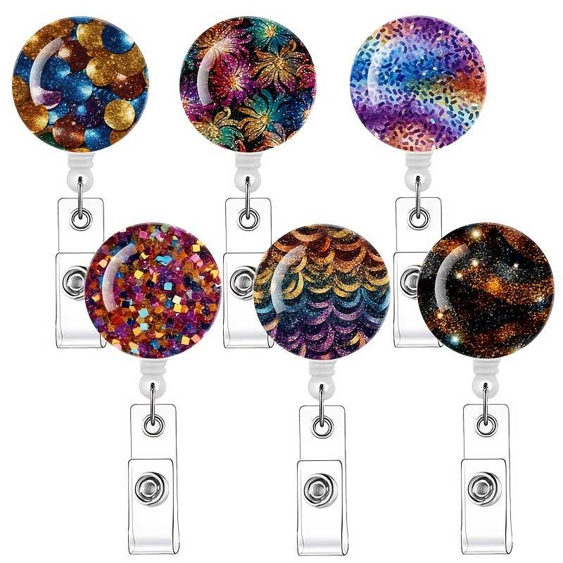 6pcs Stylish Unique Colorful Glitter Badge Reel Retractable Badge Holders  Fit Nurses, Doctors, Teachers, ID Card Holders And Student Business Meeting
