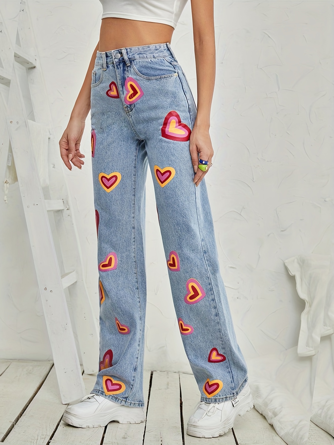 Love Heart Pattern Jeans rectos, cintura alta Bolsillos oblicuos Pantalones  de mezclilla * de tiro alto, Jeans de mezclilla para mujer y ropa