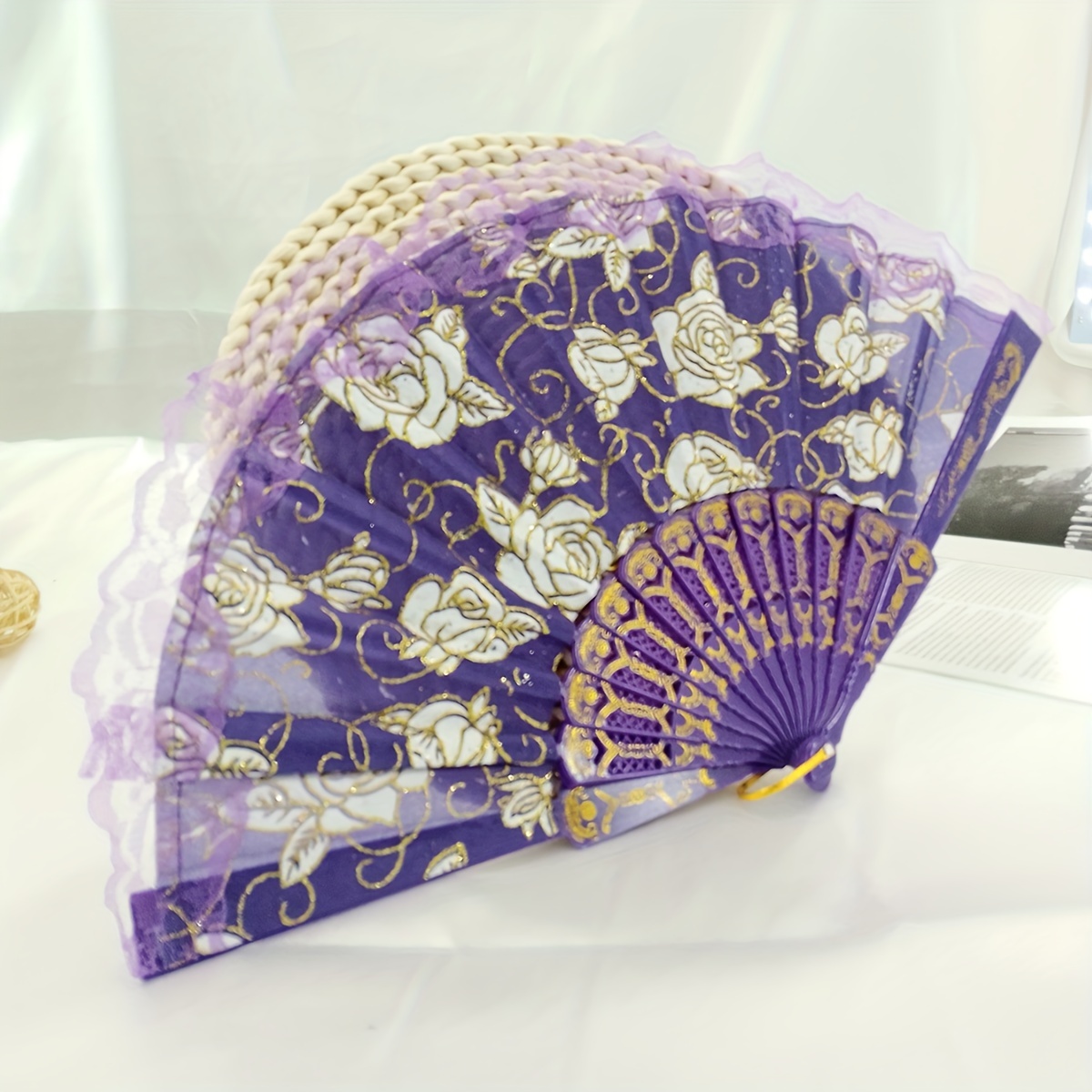 Chinese Style Floral Folding Fan with Lace for Dance Performance