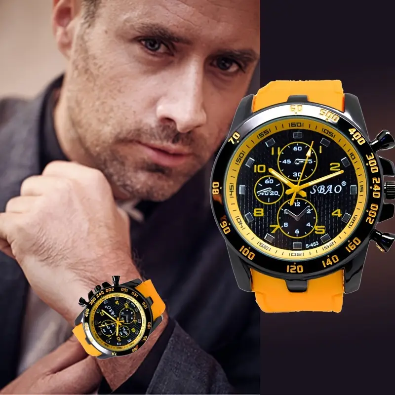 round analog dial yellow silicone strap quartz watch casual mens wristwatch trendy details 3